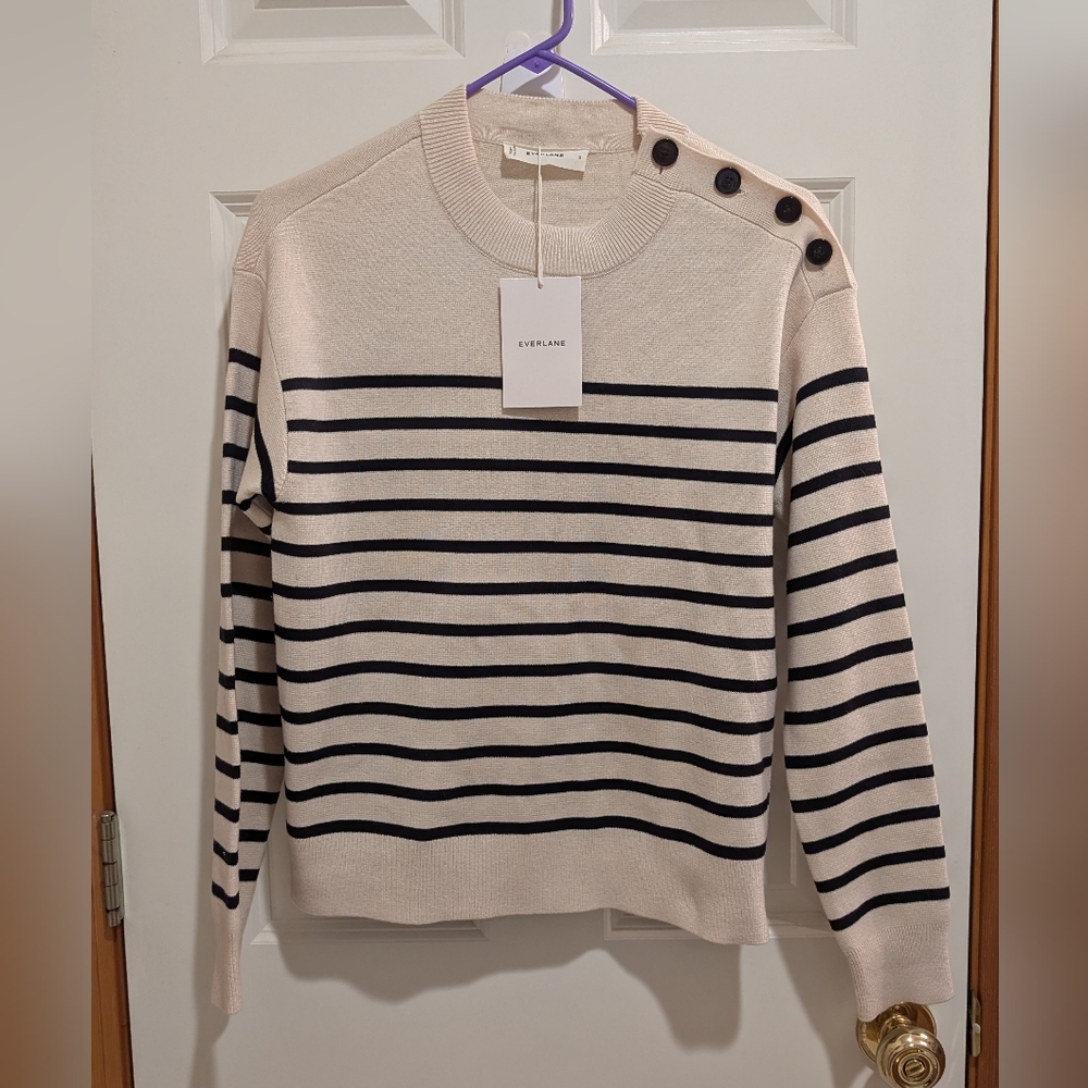 Everlane Cream & Black Striped Button-Shoulder Sweater
